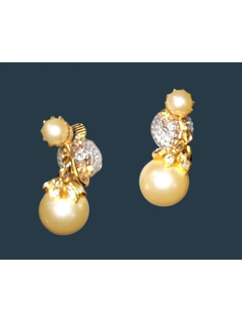 Vtg Gold Tone Clip-on Earrings Faux Pearl Drops with Small Crystal Cap Accents